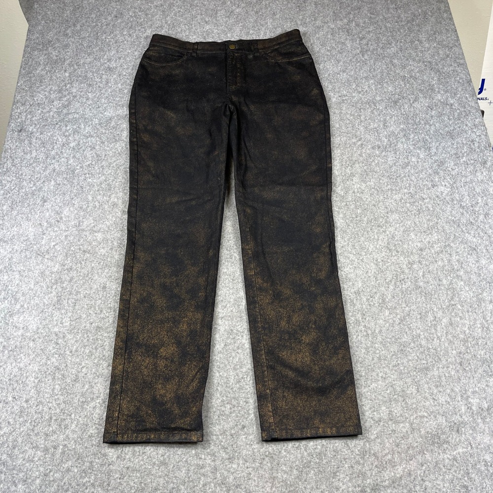 Lafayette 148 New York Womens Metallic Gold Foil Black Straight Leg Pants Sz 12 - Picture 3 of 11